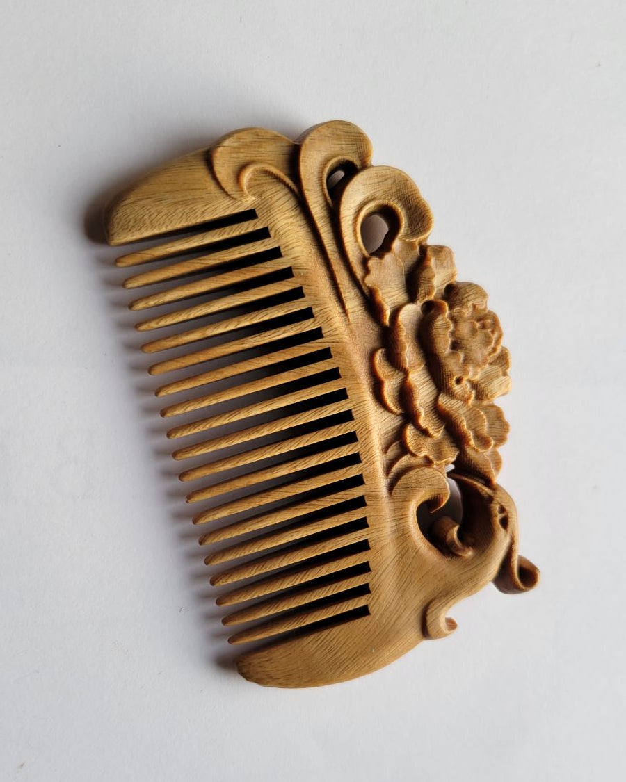 Handmade Carved Sandalwood Comb with phoenix and peony design, anti static, fixing hair on the go