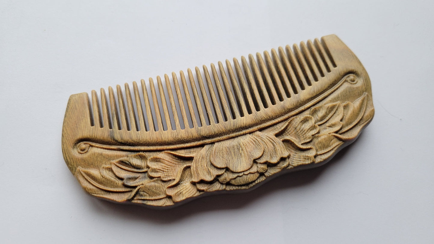 Hand Carved Green Sandalwood Comb — Lotus Blossom