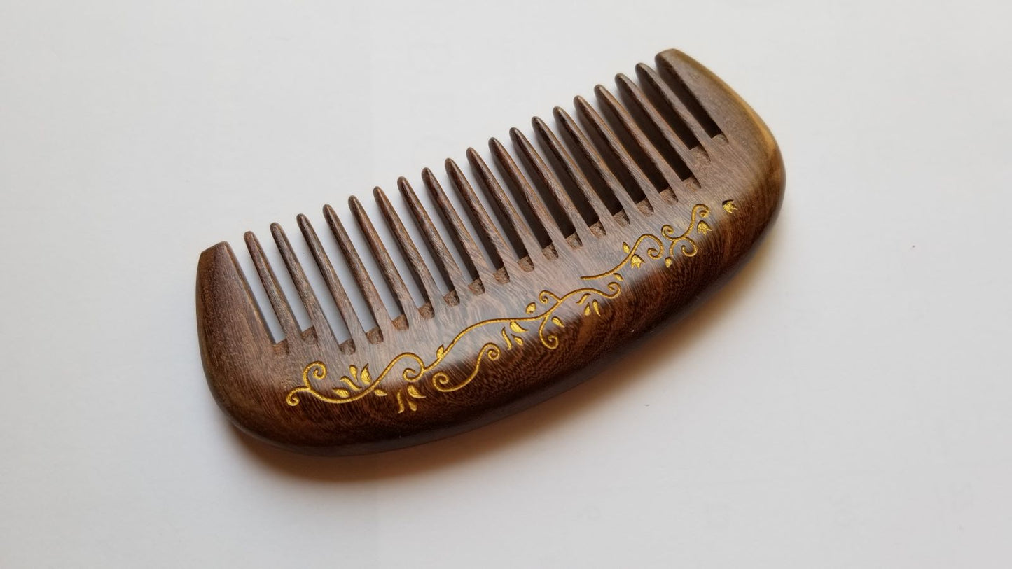 Dark Brown ivy leaf motif wood comb | anti-static and gentle on hair