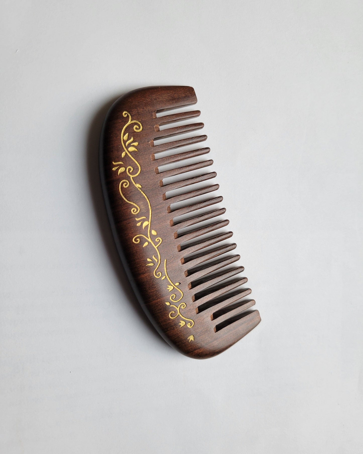 Dark Brown ivy leaf motif wood comb | anti-static and gentle on hair