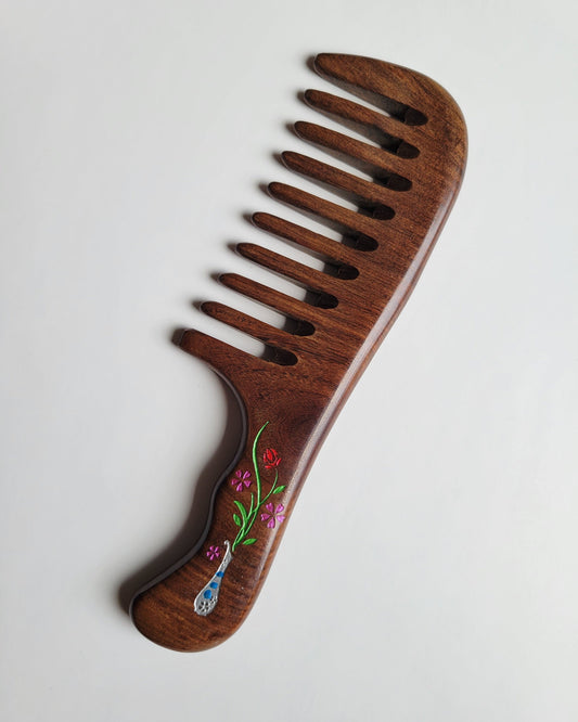 Flower vase wood comb with impressionist floral motif — unique handcrafted gift for women