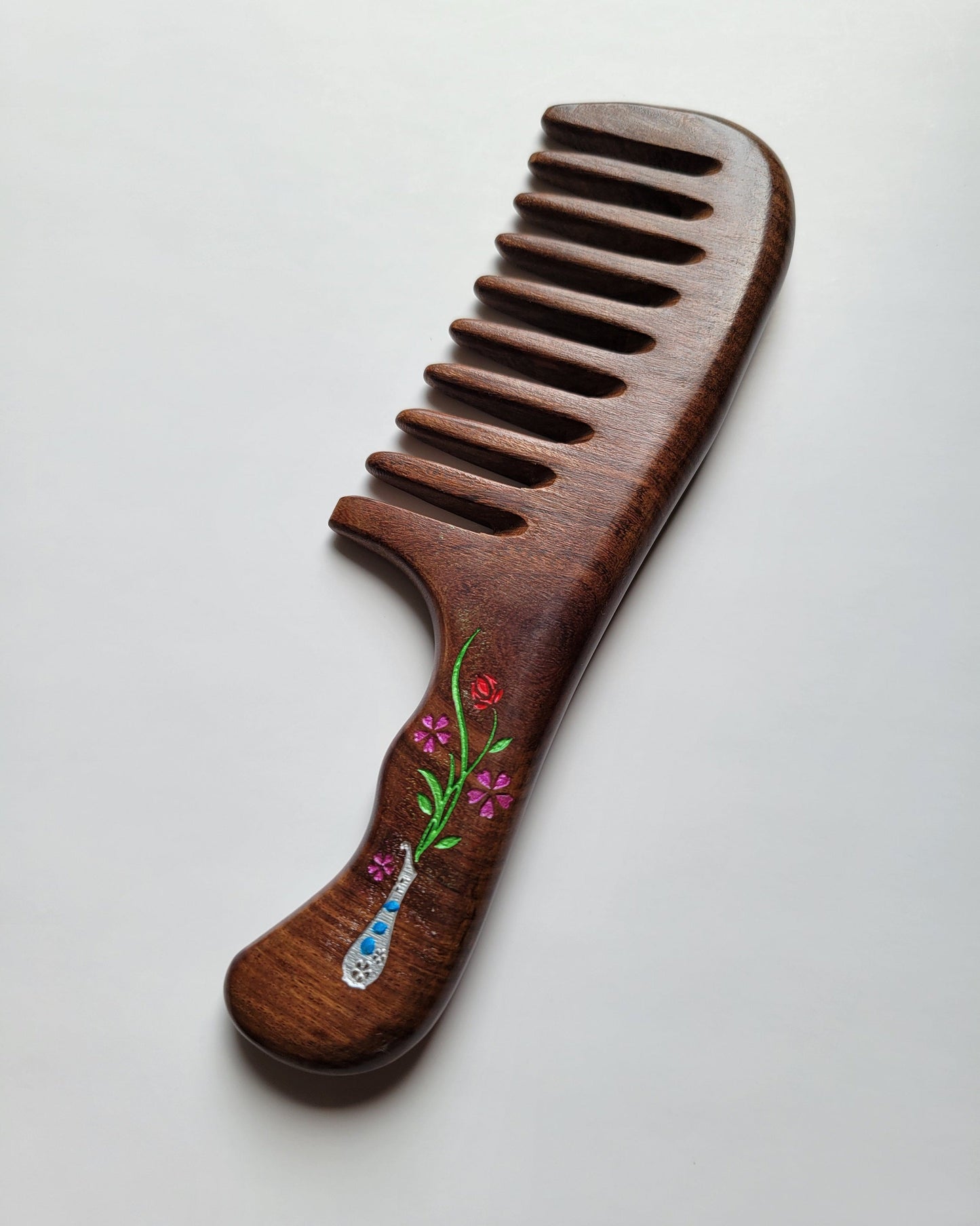 Floral Reverie extra wide wood comb — biodegradable Sucupira hardwood, self-care gift for her, anniversary, Mother's Day, bridesmaid gift