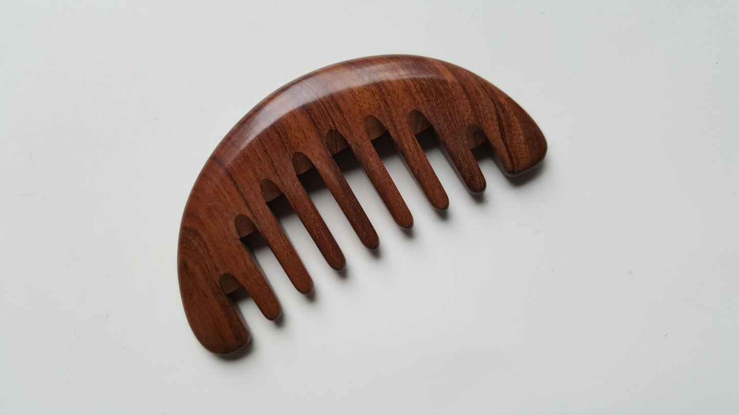 Ergonomic half moon wood comb with easy grip curved back, distributes natural hair oils, anti-static for all hair types and beard