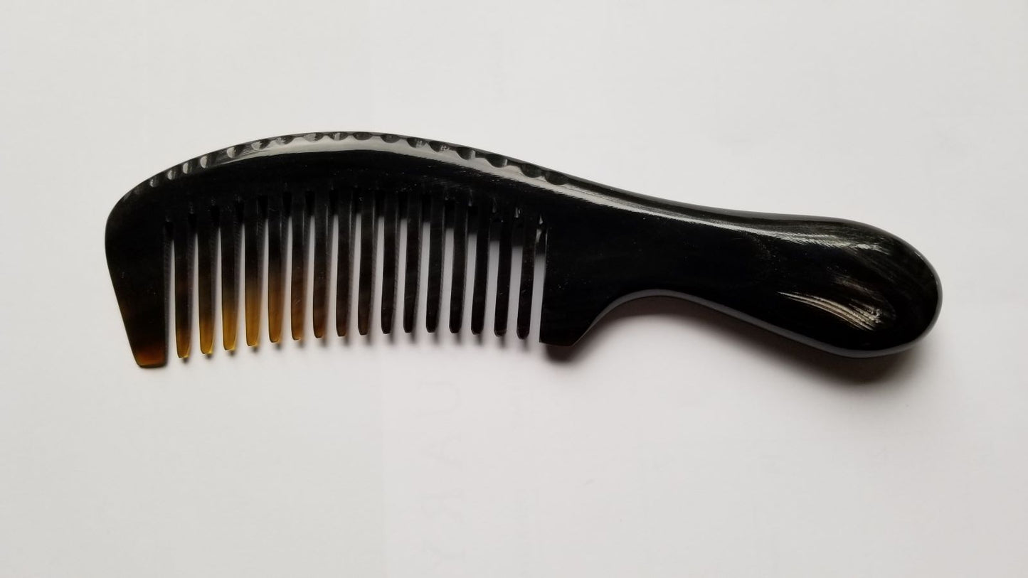 Near black horn comb with handle and wide teeth — anti-static, natural hair and beard care