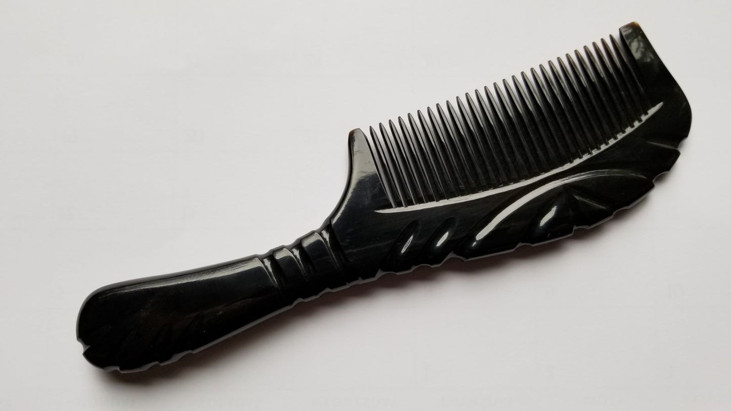 Luxury Black fine teeth buffalo horn comb with handle. Anti frizz and good for beard styling. A collector piece for hair lovers