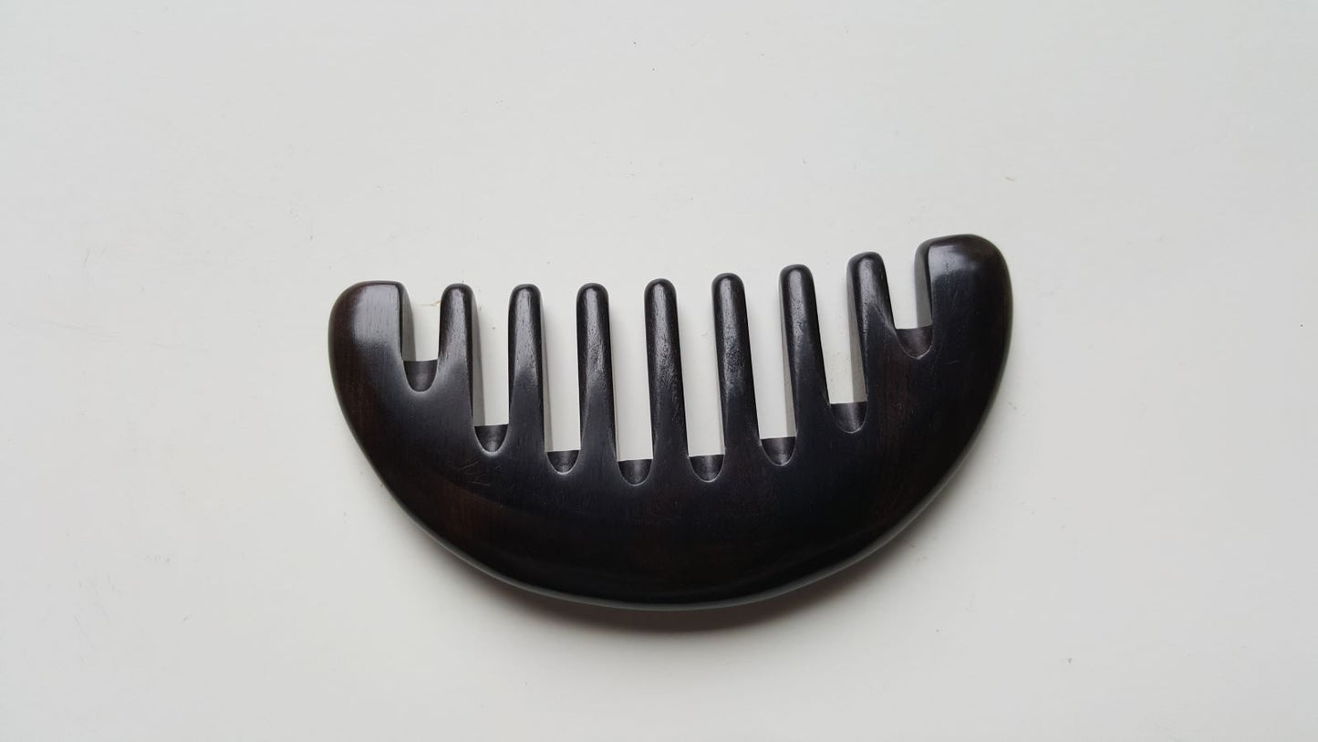 Half moon shaped African Ebony comb, ergonomic curved spine, wide rounded teeth for thick and curly hair | Arakicrafts