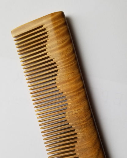 Straight Green Sandalwood fine tooth comb, flat lay front view showing full length — Arakicrafts. The comb is designed for hair care and grooming