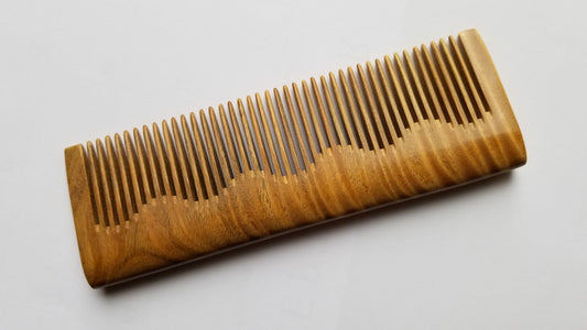 Straight Green Sandalwood fine tooth comb, flat lay front view showing full length — Arakicrafts. The comb is designed for hair care and grooming