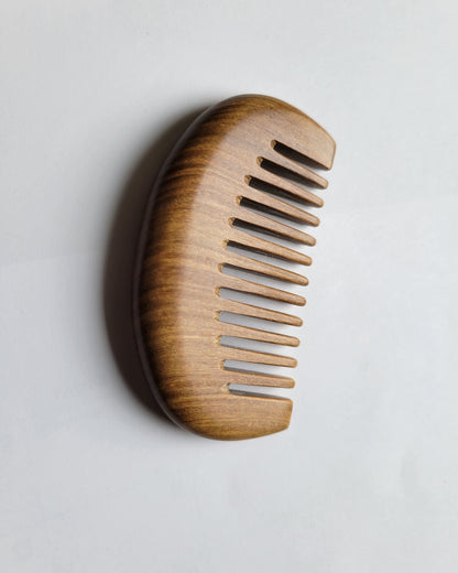 Mini wide tooth sandalwood comb — olive green hardwood grain, pocket size, sustainable self-care gift, birthday or stocking stuffer
