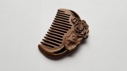 Mini wooden hair comb with carved lotus design. natural hair grooming and travel size. perfect birthday gift and comes with a gift bag