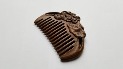 handmade mini wood comb with two carved lotus flowers, sandalwood, travel size.  eco hair comb and pocket size, great natural gift for her, comes with a fabric gift bag