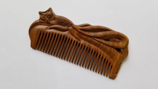 Vintage Style hand carved Fox Design Wood Comb on both sides