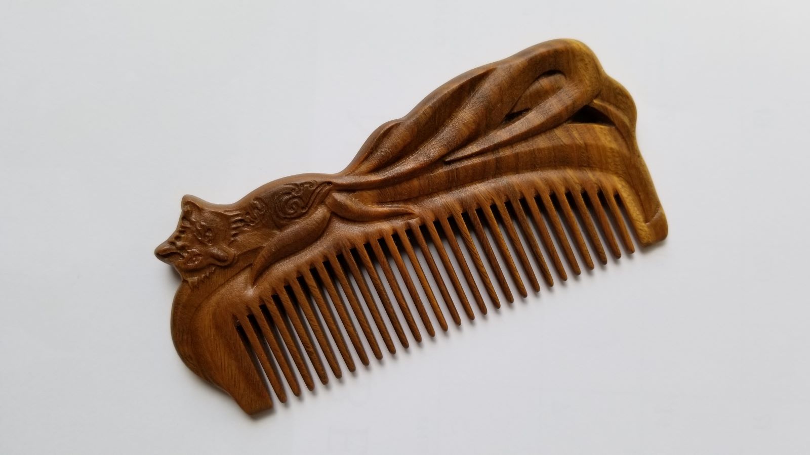 Brown hand carved Fox Design Vintage Style Wood Comb, travel size with gift bag  from Arakicrafts.com.  