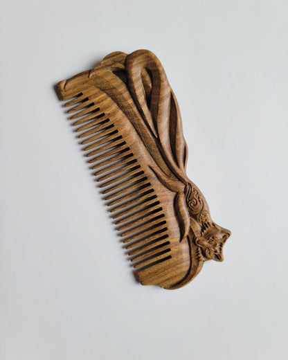 Fox design wood comb — pocket size, travel friendly, comes with drawstring gift bag  