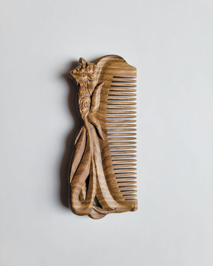 Handcrafted fox sandalwood comb — unique artisan gift for her, fine teeth