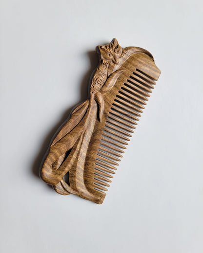 Fox design sandalwood comb both sides — fine teeth, vintage style, gift for him