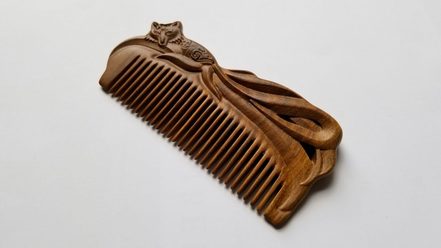Hand carved Fox Design Vintage Style Sandalwood Comb on both sides .  Natural Hair Care at Arakicrafts!