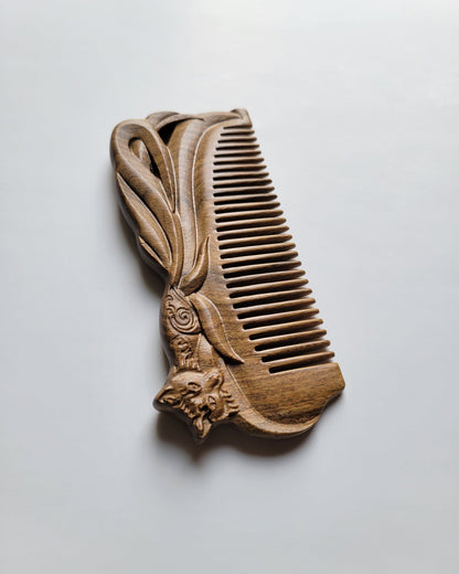 Fox design sandalwood comb — natural hair care, anti-static, whole piece hardwood