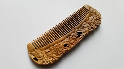 Rose Hand Carved Sandalwood Comb flat lay — low angle view highlighting comb profile and depth of rose carving
