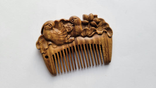 Mandarin duck hand carved green sandalwood comb, fine teeth facing down, full silhouette — Arakicrafts
