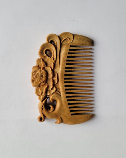 Hand Carved Wooden comb with phoenix and peony design, gift for her 