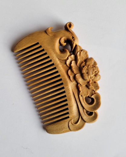 Decorative brown wooden comb with phoenix and floral designs, fine teeth, fine hair accessories