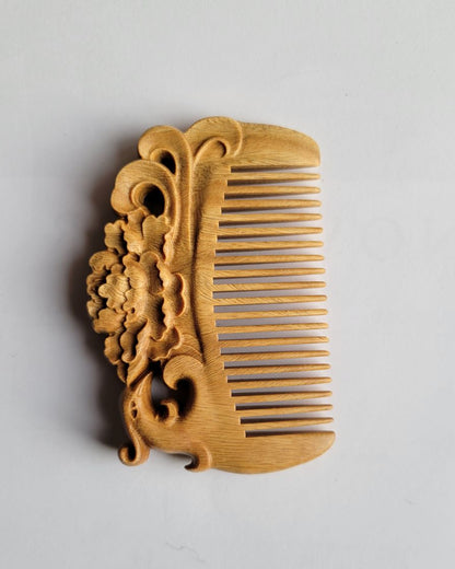 Wooden comb with intricate floral carvings, natural hair care and mother's day gift