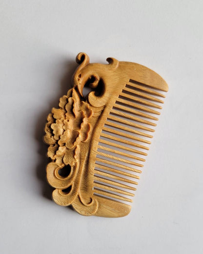 hand carved sandalwood comb, blooming peony, unique gift, one of a kind gift, great stocking stuffer