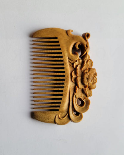 Hand Carved sandalwood comb with mystical phoenix and peony pattern, aromatic, plastic free, sustainable beauty