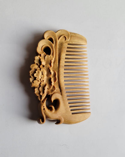 Handmade Sandalwood Comb with intricate carving, floral design, traditional hair care tool for healthy hair, Pocket size  and gift ready