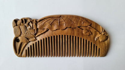 Hand carved Green Sandalwood comb with Tongjing double-sided panoramic lotus carving, flat lay front view — Arakicrafts