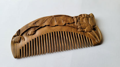 Hand carved lotus panoramic comb with drawstring gift bag — a blessing of success and prosperity, ready to give — Arakicrafts