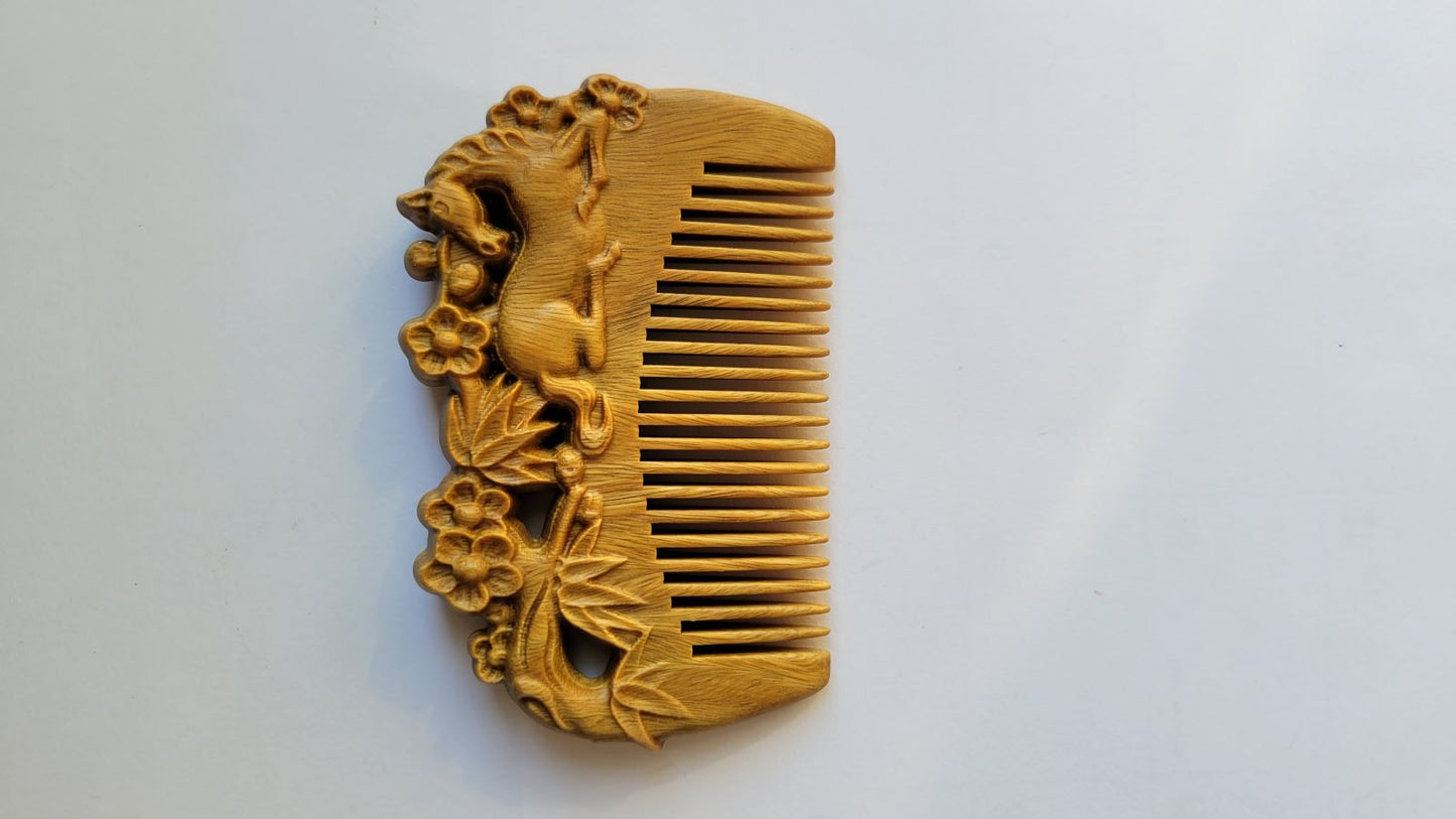 Pocket size horse carved sandalwood comb — travel size, fits in palm, ideal for on-the-go grooming