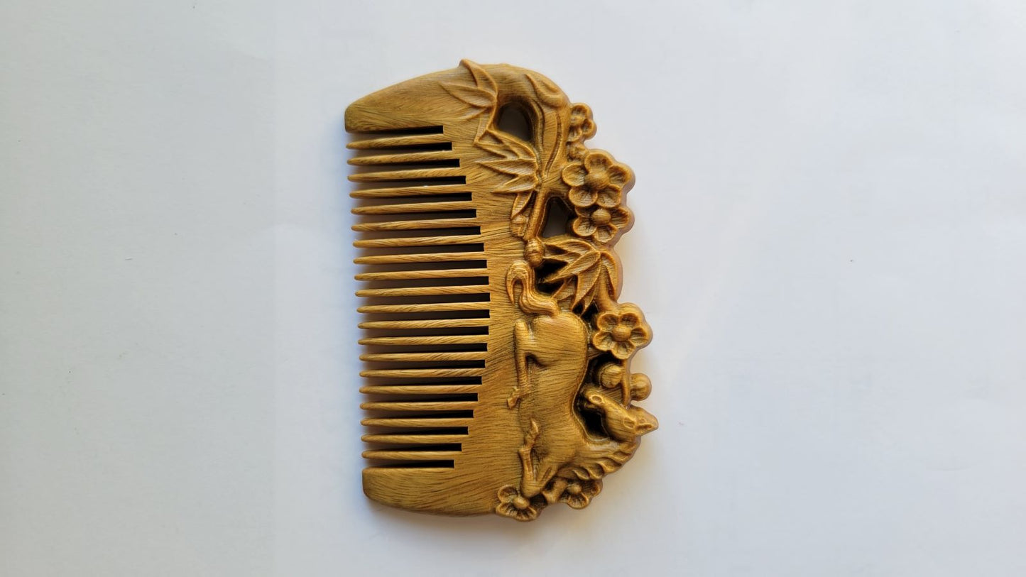 Hand carved horse design comb — special gift for her, green sandalwood, anti-static fine teeth