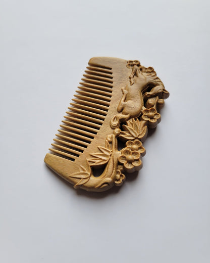 Hand carved horse design comb — special gift for her, green sandalwood, anti-static fine teeth