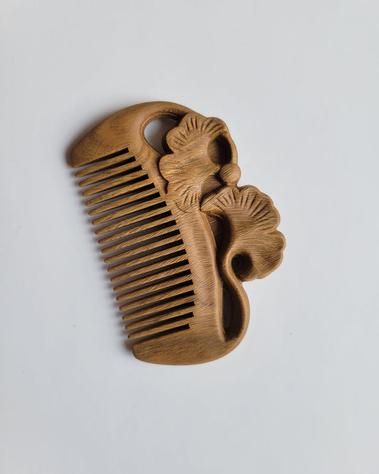 Hand carved ginkgo leaf motif Green Sandalwood pocket comb — golden olive hardwood, fine teeth, symbol of peace and hope
