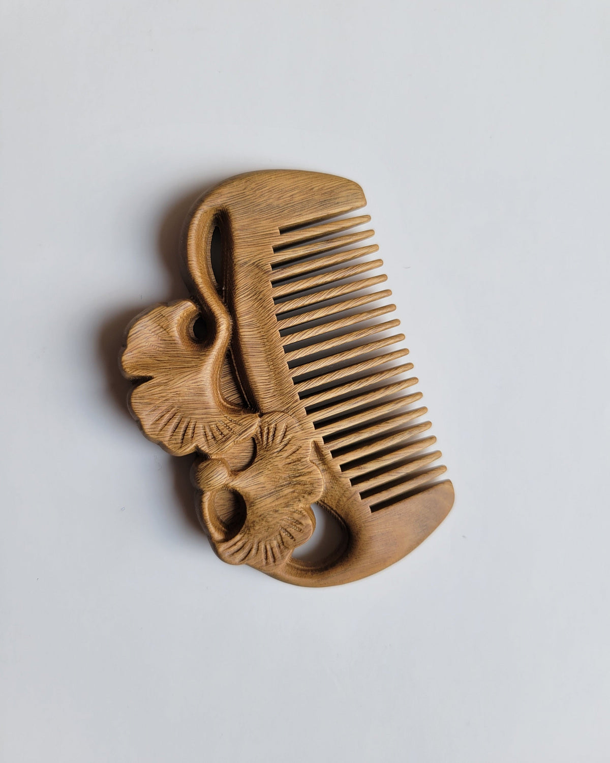 Hand carved ginkgo leaf sandalwood comb — natural wood grain, no frizz no flyaways, self-care gift for women and men