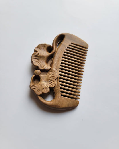 Pocket-sized Green Sandalwood ginkgo comb for gentleman — 3.2 inch travel comb, vintage floral style, Father's Day gift for him