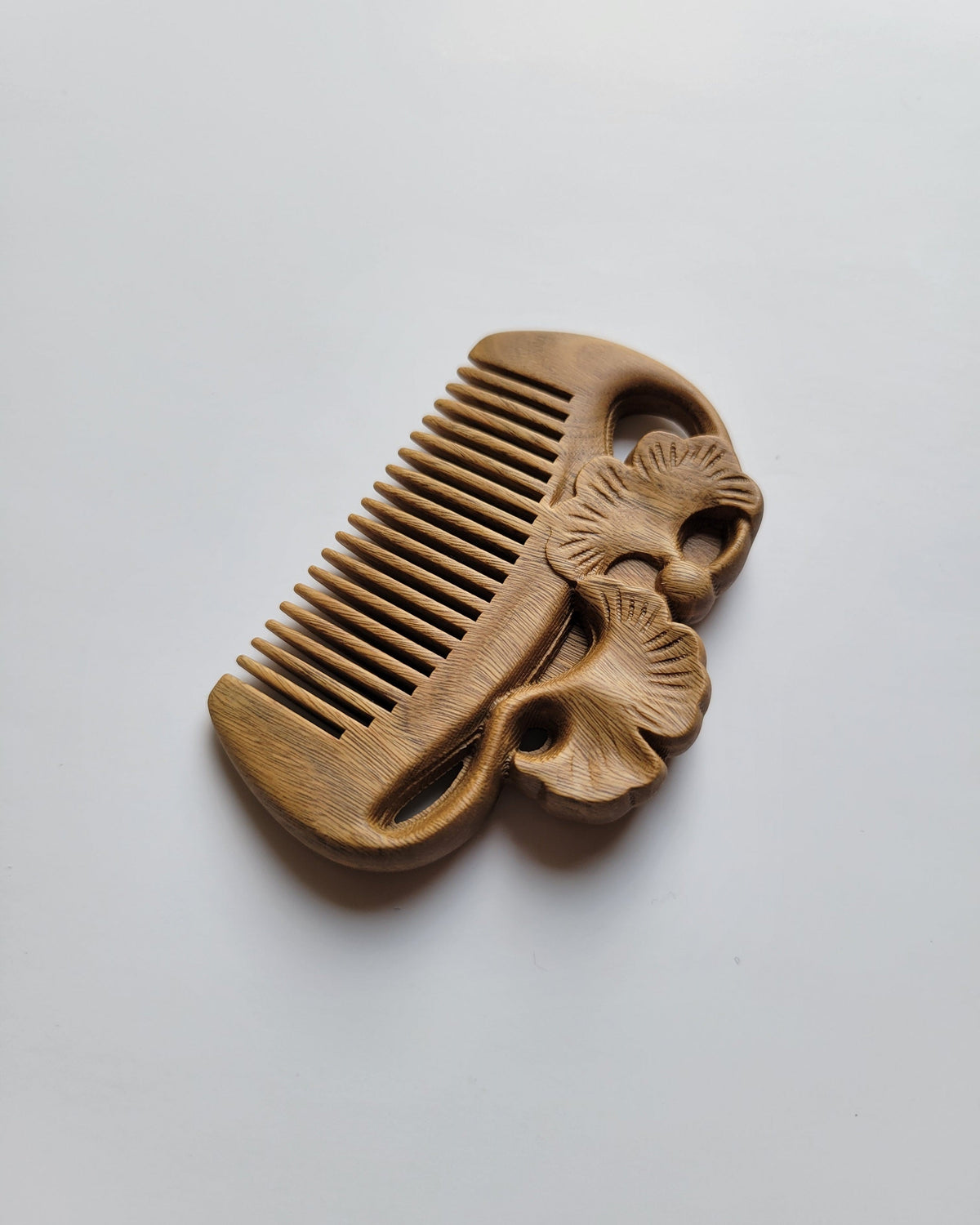 Green Sandalwood ginkgo motif comb with drawstring gift bag — compostable hardwood, birthday anniversary Valentine's Day bridesmaid gift