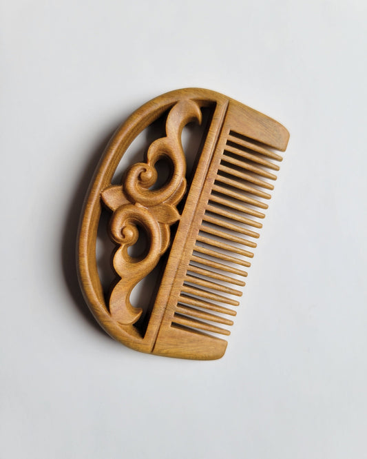 Hand carved auspicious cloud motif Green Sandalwood pocket comb — golden olive hardwood, fine teeth