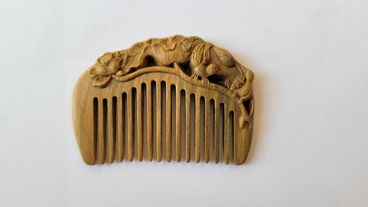 Hand-carved green sandalwood comb with Yi Lu Lian Ke lotus and egret motif, warm olive wood, Chinese blessing fine tooth comb