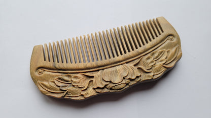 Hand Carved Green Sandalwood Comb — Lotus Blossom