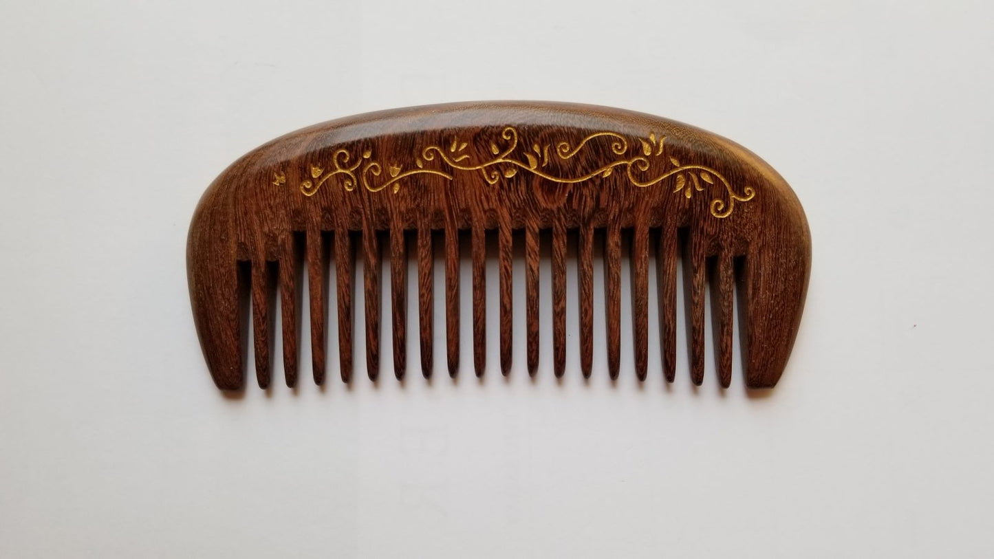Hand-painted ivy vine Sucupira wood comb — wide tooth, dark chocolate brown hardwood, gift for her