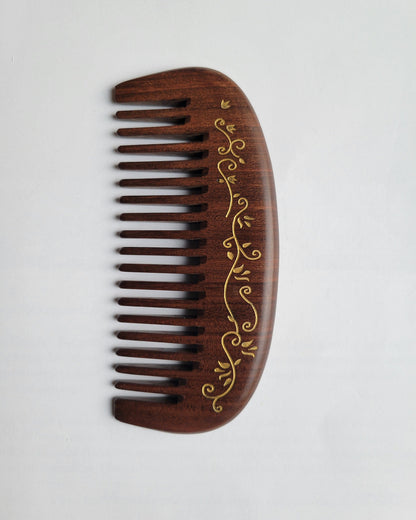 Hand-painted ivy vine Sucupira wood comb — wide tooth, dark chocolate brown hardwood, gift for her