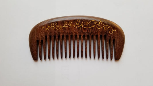 Ivy leaf motif design dark brown wooden comb - front view, gift for Woman