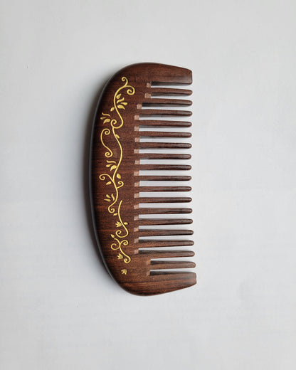 Dark Brown ivy leaf motif wood comb | anti-static and eco-friendly
