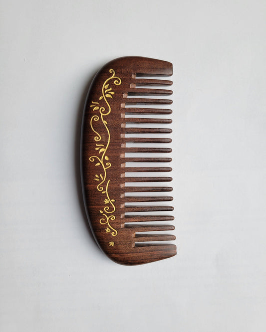 Dark Brown ivy leaf motif wood comb | anti-static and eco-friendly