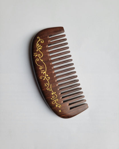 Vintage style Ivy leaf motif design dark brown wooden comb, Gift for her