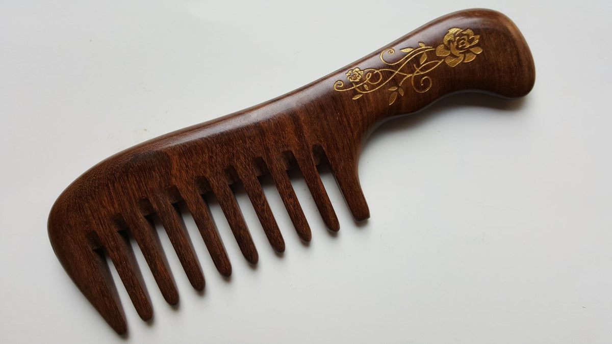 Hand-painted rose and vine wood comb — extra wide teeth ideal for curly and long hair