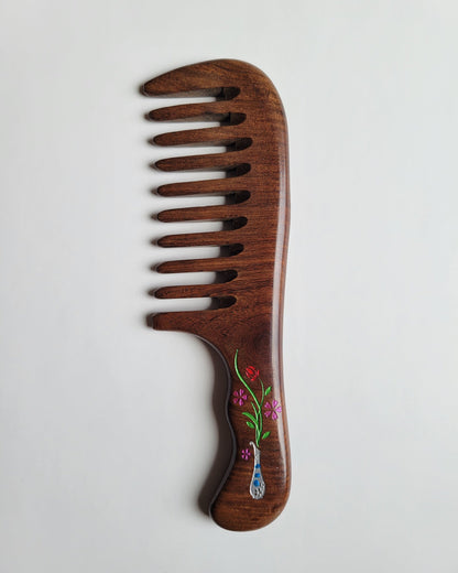 Hand-painted flower vase Sucupira wood comb — extra wide teeth, dark chocolate brown hardwood
